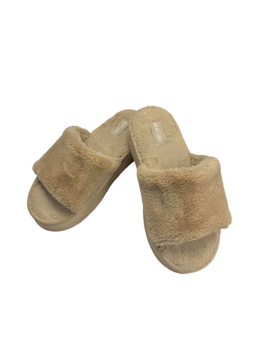 Faux Fur Womens Slippers Size 7-8 Tan Plush Open-Toe Indoor Comfort Slides